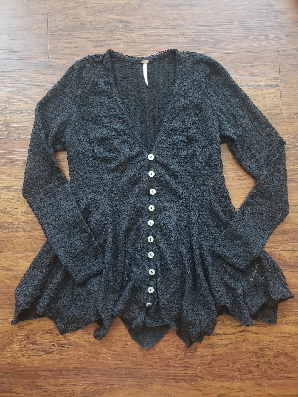 Free People Black Janey Lace Sheer Top Size S Boho Chic Dainty Fairy Festival